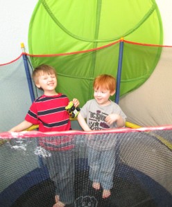 The boys later worked it out in the relative safety of their trampoline.